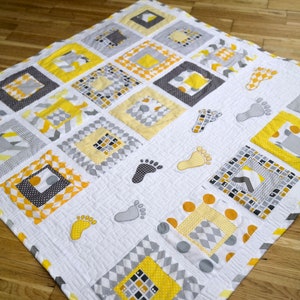 Playful Baby Quilt PDF Pattern with human footstep applique, Small Steps patchwork from Magic Little Dreams. Fat quarter friendly, unisex image 1