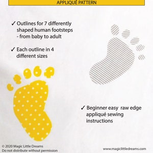 K&ouml;nnte beinhalten: Appliqu&eacute;-Muster f&uuml;r Fu&szlig;abdr&uuml;cke zum N&auml;hen. Das Bild zeigt sieben verschiedene Gr&ouml;&szlig;en von Fu&szlig;abdr&uuml;cken, vom Baby bis zum Erwachsenen, mit einem gelben Fu&szlig;abdruck mit wei&szlig;en Punkten und einem grauen Fu&szlig;abdruck mit wei&szlig;en Streifen. Der Text "Footprints Appliqu&eacute; Pattern" ist in Schwarz auf gelbem Hintergrund.