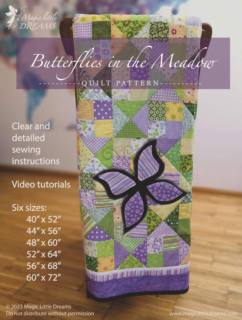 Baby girl quilt pattern digital PDF, purple patchwork & whimsical butterflies. Fat Quarters. Butterflies in the meadow. image 5