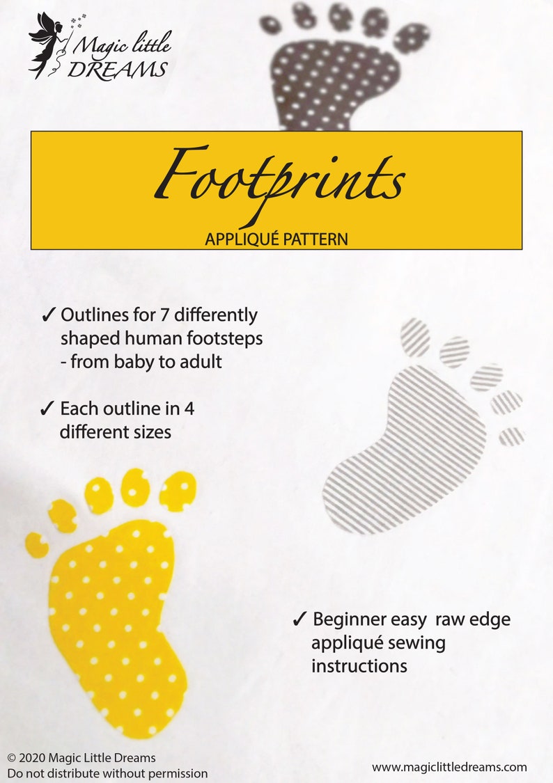 K&ouml;nnte beinhalten: Appliqu&eacute;-Muster f&uuml;r Fu&szlig;abdr&uuml;cke zum N&auml;hen. Das Bild zeigt sieben verschiedene Gr&ouml;&szlig;en von Fu&szlig;abdr&uuml;cken, vom Baby bis zum Erwachsenen, mit einem gelben Fu&szlig;abdruck mit wei&szlig;en Punkten und einem grauen Fu&szlig;abdruck mit wei&szlig;en Streifen. Der Text "Footprints Appliqu&eacute; Pattern" ist in Schwarz auf gelbem Hintergrund.