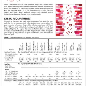 May include: A quilt pattern for "Music of Love" with instructions for making a quilt with hearts and music notes. The pattern includes a table with fabric requirements for different quilt sizes, ranging from crib to king size.