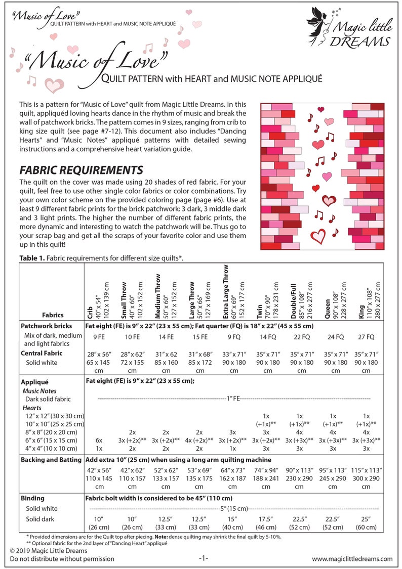 May include: A quilt pattern for "Music of Love" with instructions for making a quilt with hearts and music notes. The pattern includes a table with fabric requirements for different quilt sizes, ranging from crib to king size.