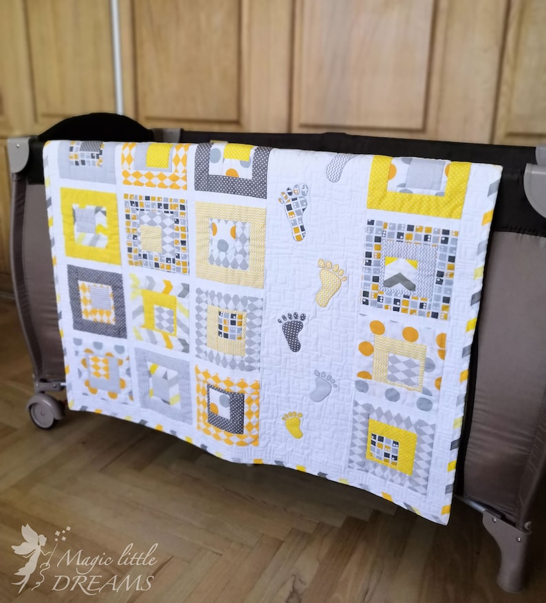 Playful Baby Quilt PDF Pattern with human footstep applique, Small Steps patchwork from Magic Little Dreams. Fat quarter friendly, unisex image 2