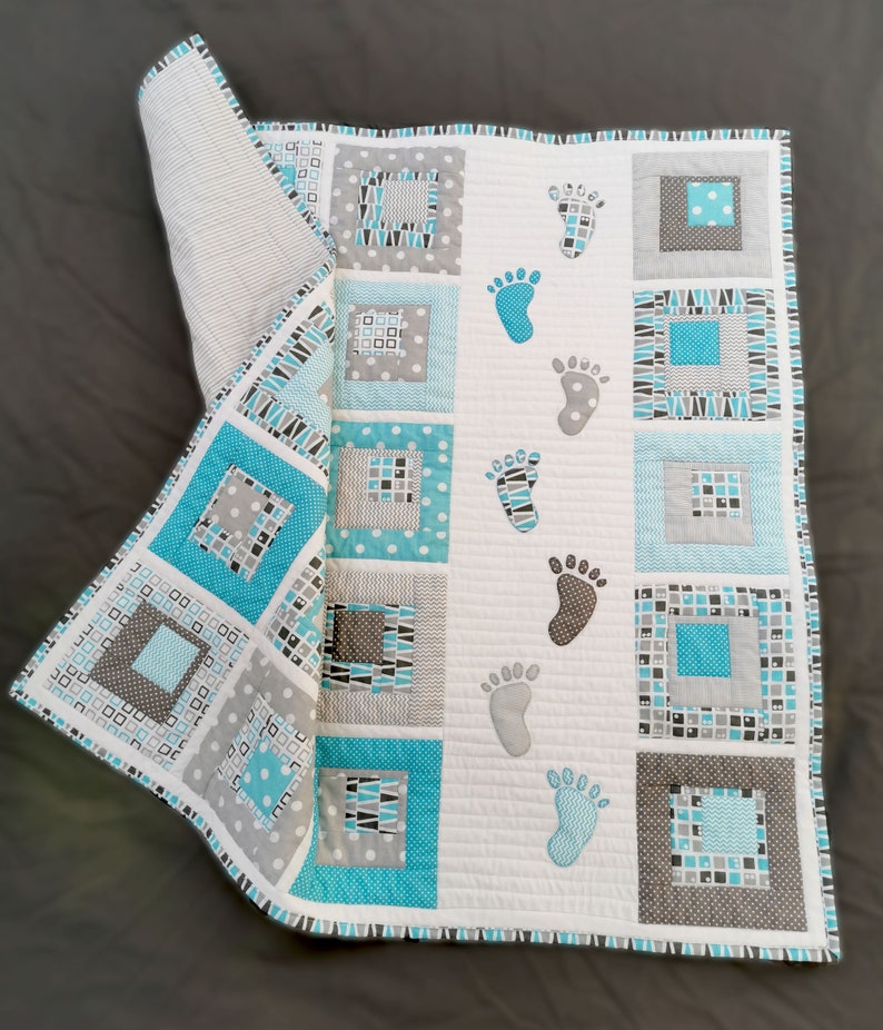 Playful Baby Quilt PDF Pattern with human footstep applique, Small Steps patchwork from Magic Little Dreams. Fat quarter friendly, unisex image 6