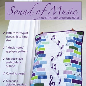Sound of Music a modern applique quilt pattern for Music lovers. With Music key and note applique. From a baby to a king size quilt. image 2