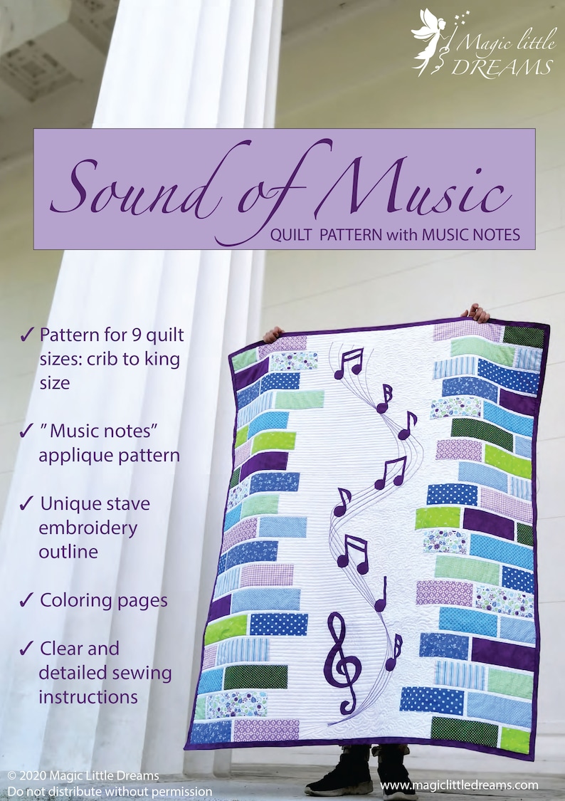 Sound of Music a modern applique quilt pattern for Music lovers. With Music key and note applique. From a baby to a king size quilt. image 2