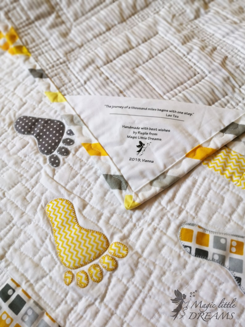 Playful Baby Quilt PDF Pattern with human footstep applique, Small Steps patchwork from Magic Little Dreams. Fat quarter friendly, unisex image 4