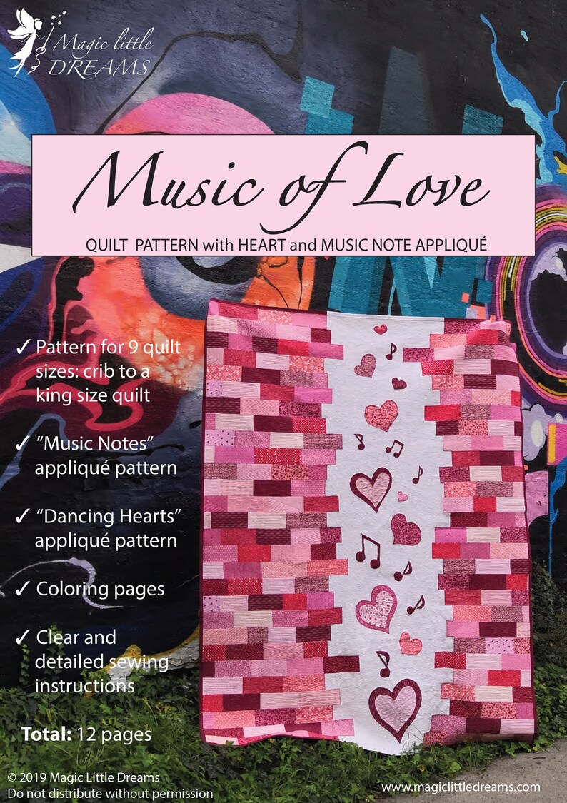 May include: A pink and red quilt pattern with a white center panel featuring hearts and music notes. The quilt pattern is called "Music of Love" and includes 12 pages of instructions.