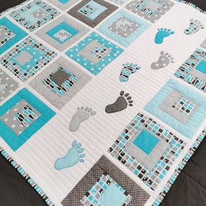 Playful Baby Quilt PDF Pattern with human footstep applique, Small Steps patchwork from Magic Little Dreams. Fat quarter friendly, unisex image 7