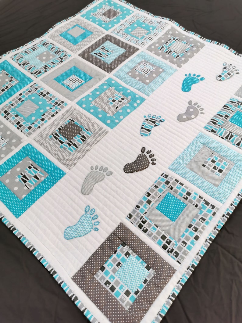 Playful Baby Quilt PDF Pattern with human footstep applique, Small Steps patchwork from Magic Little Dreams. Fat quarter friendly, unisex image 7