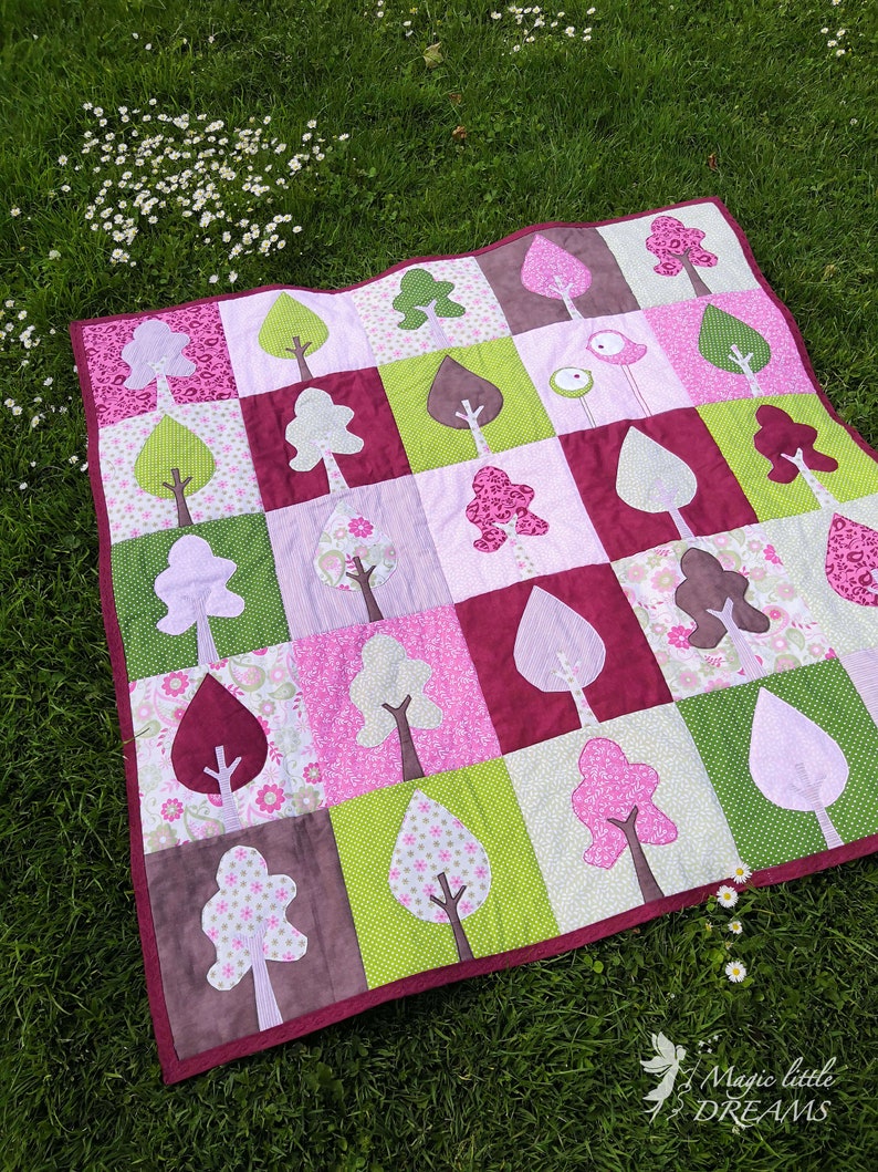 Modern baby girl quilt pattern, a spring forest with linden and chestnut tree and bird appliques. Includes a sew along video image 10