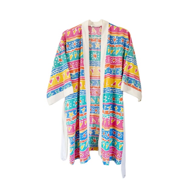 1980s Vibrant Rainbow Striped Pool Robe, Cotton + Terrycloth Trim, Cropped Summer Robe Sunshine, Sailboats, Turquoise, Yellow, Hot Pink