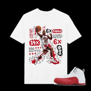Jordan 12 Cherry Sneaker Tees Match White MJ Flair, Outfit To Match Sneaker, Black White  Shirt Color To Match Sneaker