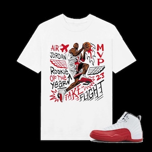 Jordan 12 Cherry Sneaker Tees Match White MJ Take Flight, Outfit To Match Sneaker, Black White  Shirt Color To Match Sneaker