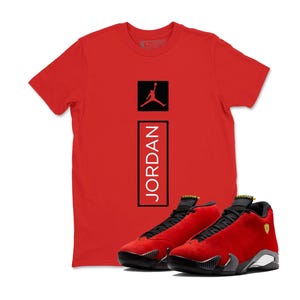 New Custom Tee T-Shirt to Match Air Jordan 14 Challenge Red, Sneaker Label Jordan 14 Challenge Red Sneaker Matching Tee Shirt