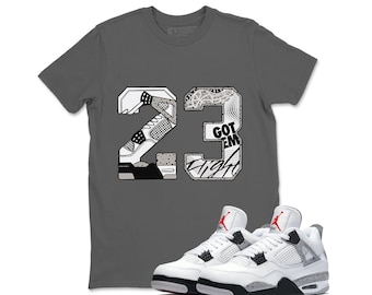 Number 23 Sneaker Tees, Jordan White Cement 4 Sneaker Match Shirt, White Fire Red Tech Grey Black, Retro 4 White Cement Shirt