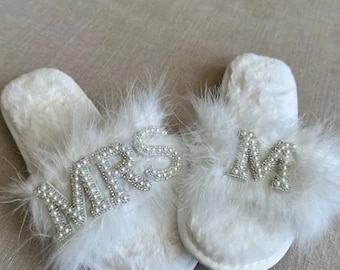 Bride Slippers, Fluffy Cross Pearls slippers, Bride Gift, Bridal Shower Gift, Bachelorette Party Gift I Do Slippers,Custom Slippers