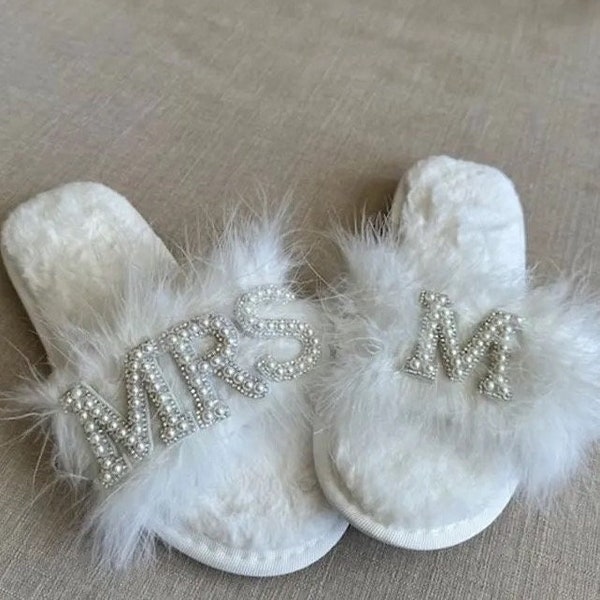 Bride Slippers, Fluffy Cross Pearls slippers, Bride Gift, Bridal Shower Gift, Bachelorette Party Gift I Do Slippers,Custom Slippers