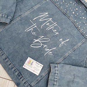 Personalised pearl bride denim jacket,luxury bridal denim jacket,wedding jacket,bride jacket,honeymoon jacket,custom wedding jacket,bride image 4