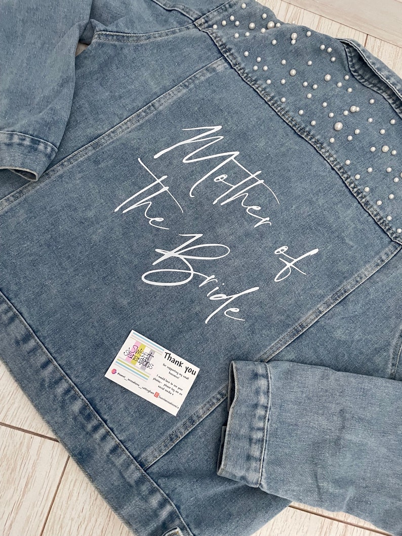 Personalised pearl bride denim jacket,luxury bridal denim jacket,wedding jacket,bride jacket,honeymoon jacket,custom wedding jacket,bride image 4