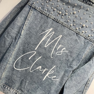 Personalised pearl bride denim jacket,luxury bridal denim jacket,wedding jacket,bride jacket,honeymoon jacket,custom wedding jacket,bride image 2