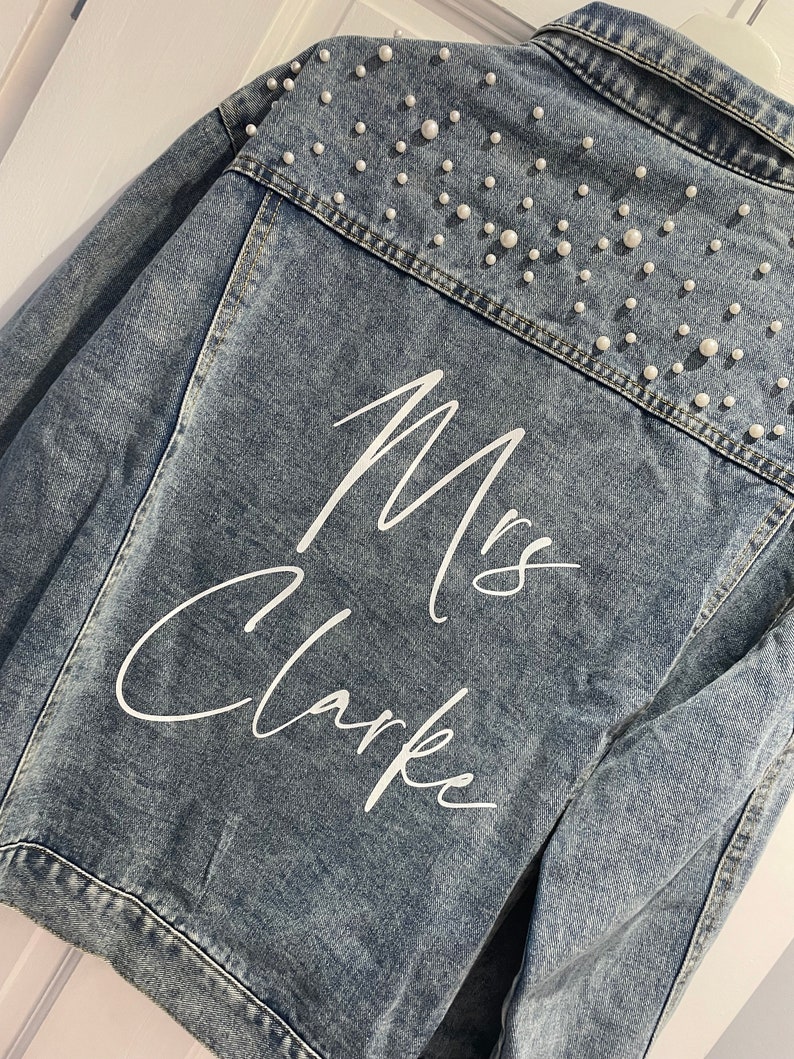 Personalised pearl bride denim jacket,luxury bridal denim jacket,wedding jacket,bride jacket,honeymoon jacket,custom wedding jacket,bride image 2