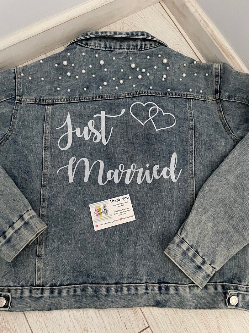 Personalised pearl bride denim jacket,luxury bridal denim jacket,wedding jacket,bride jacket,honeymoon jacket,custom wedding jacket,bride image 6