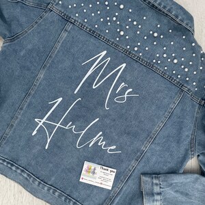 Personalised pearl bride denim jacket,luxury bridal denim jacket,wedding jacket,bride jacket,honeymoon jacket,custom wedding jacket,bride image 8