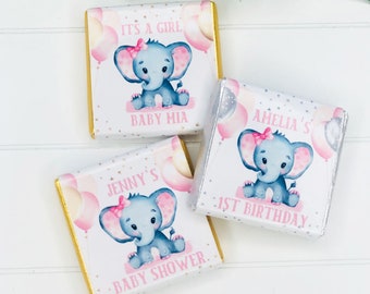 Personalised chocolate favours, baby shower, 1st birthday, baby girl, cute elephant design, balloons - PINK