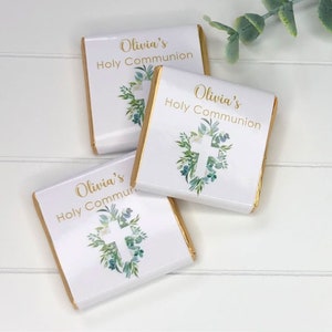 PERSONALISED CHOCOLATE FAVOURS, Holy communion, Christening, Baptism, confirmation, Eucalyptus, Greenery, floral cross
