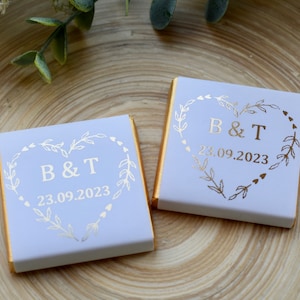 Personalised chocolate favours, wedding, anniversary, engagement, birthday, gold foil print, silver foil print, floral heart wreath