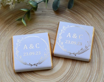 Personalised chocolate favours, wedding, anniversary, engagement, birthday, gold foil print, silver foil print, flower wreath