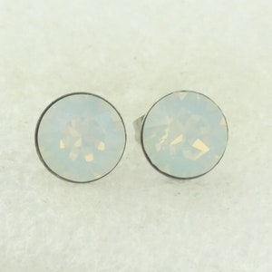 Stud earrings silver opal white Swarovski stone round minimalist 8mm stainless steel
