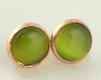 Stud earrings rose gold green cat's eyes 10 mm stainless steel