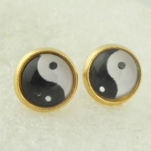 Pendientes oro negro blanco yin yang 8 mm acero inoxidable