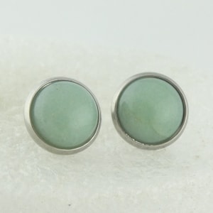 Cabochon stud earrings silver-jade green aventurine stone round minimalist 10mm stainless steel