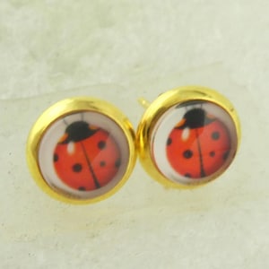 Orecchini a bottone oro rosso bianco nero coccinella 8 mm acciaio inossidabile