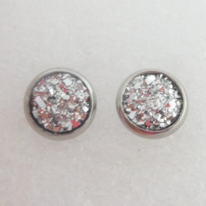 Cabochon Stud Earrings Silver Faux Druzy Round Minimalist 8mm Stainless Steel
