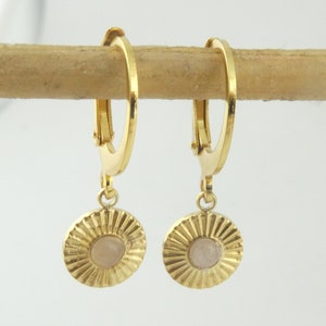 Hoop earrings gold 14K pink with pendant rose quartz mini stainless steel