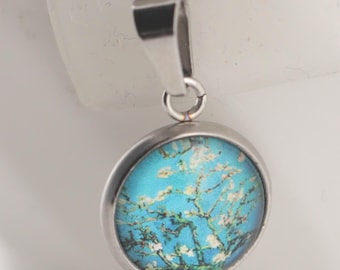 Silver Flower Pendant, Blue Turquoise White, 10 mm Stainless Steel