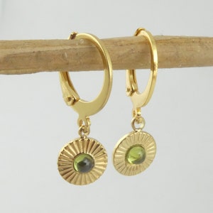 Hoop earrings gold 14K green with pendant peridot zirconia mini stainless steel