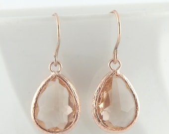 Earrings rose gold peach crystal drop stainless steel earwires