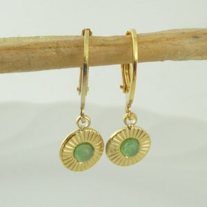 Hoop earrings gold 14K with pendant green aventurine mini stainless steel