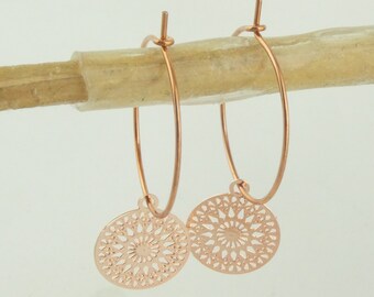 Hoop earrings rose gold with pendant boho round minimalist 20mm stainless steel