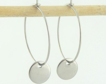 Hoop earrings silver with pendant plate minimalist 20mm stainless steel