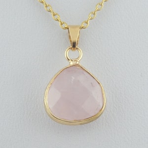 Chain necklace gold rose quartz stone pink drop stainless steel,gift,birthday gift