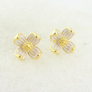 925 Ohrstecker Ohrringe Gold Weiß Blume Emaille 9mm