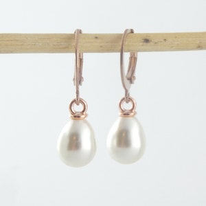 Hoop earrings rose gold-white with pendant pearl drop minimalist stainless steel