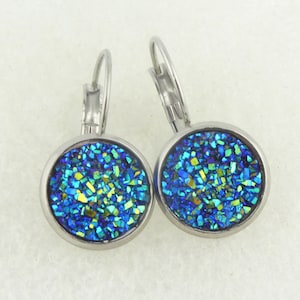 Pendientes Pendientes colgantes Plata Azul Faux Druzy 12 mm Acero inoxidable