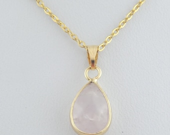 Chain necklace gold-pink rose quartz stone drops stainless steel,chain drops,gift